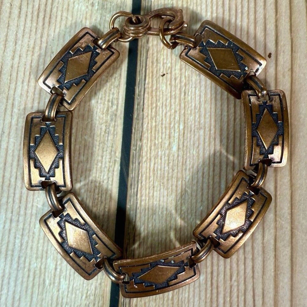 Vintage Southwestern Native American Copper Tribal Panel Link Bracelet - Picture 4 of 9